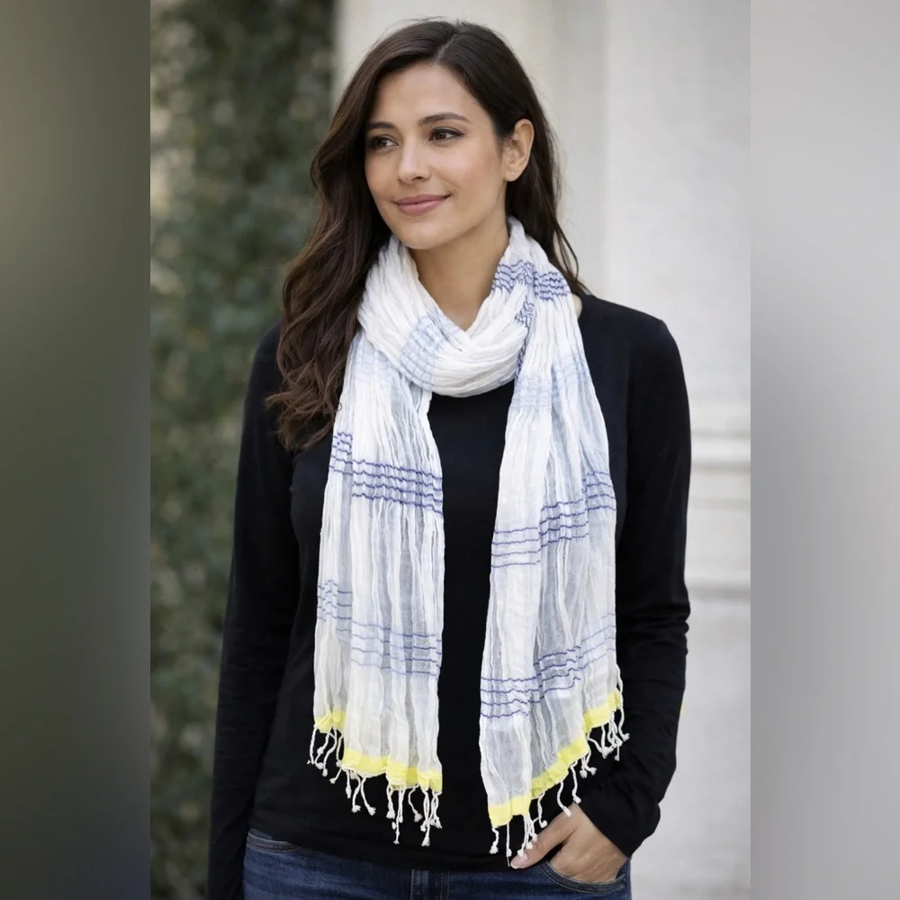 American Eagle Lightweight Blue/Yellow/White Striped Scarf with Tassels